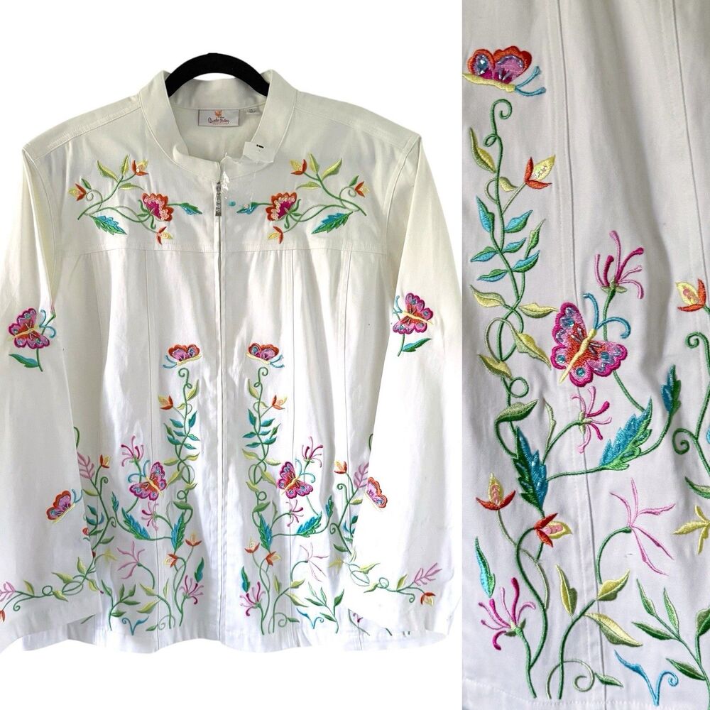 Quacker Factory Jacket Womens 1X White Full Zip Embellished Floral Butterfly